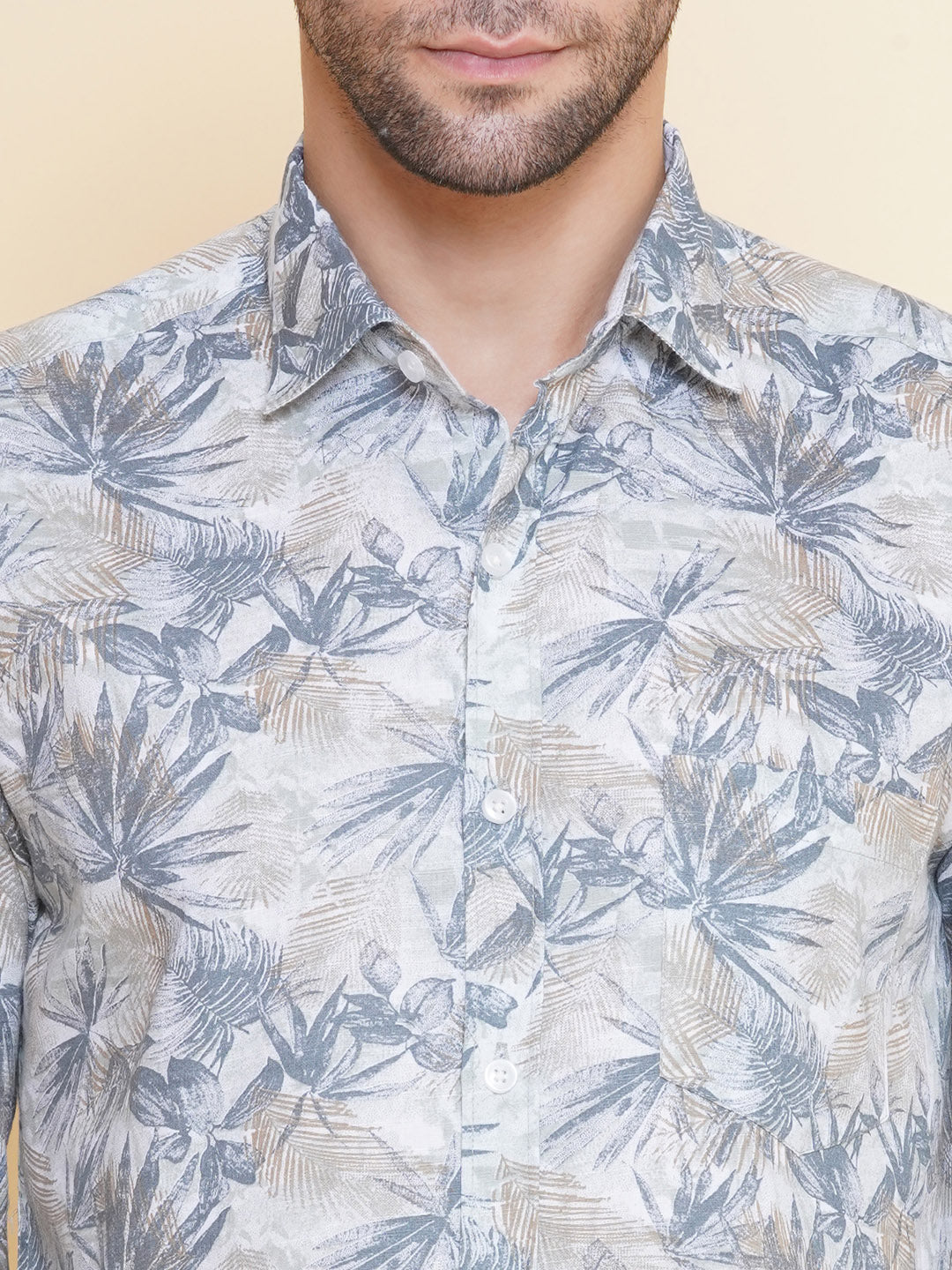 Louis Monarch Men Regular Fit Linen Printed Green Spread Collar Casual Shirt