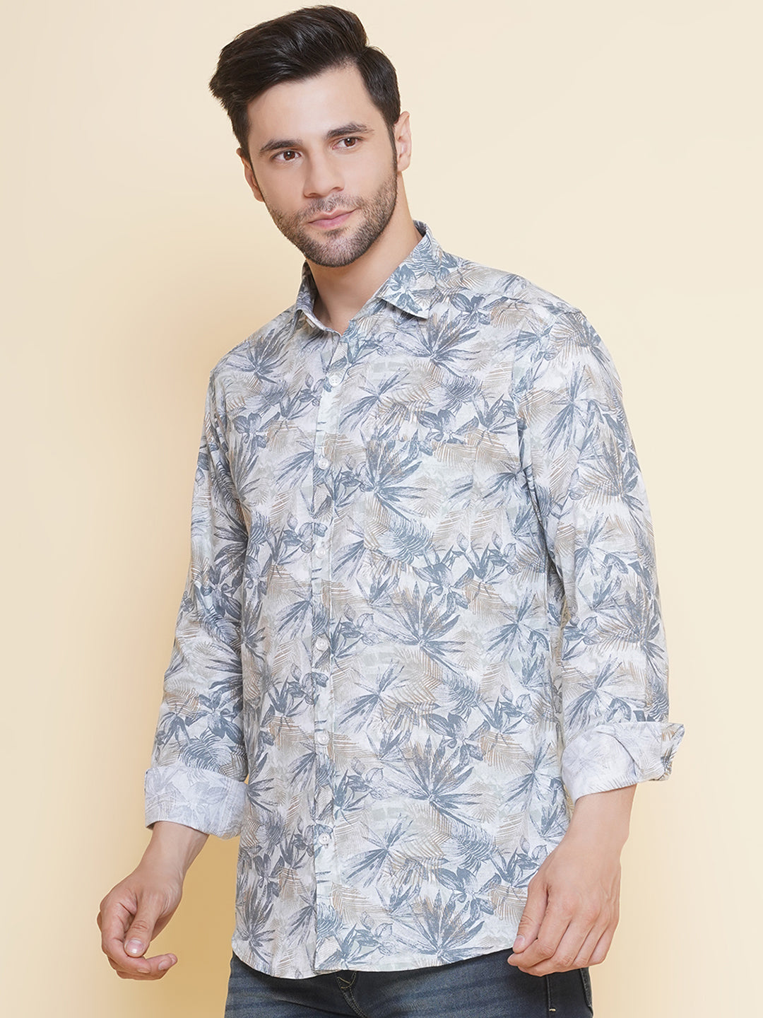 Louis Monarch Men Regular Fit Linen Printed Green Spread Collar Casual Shirt