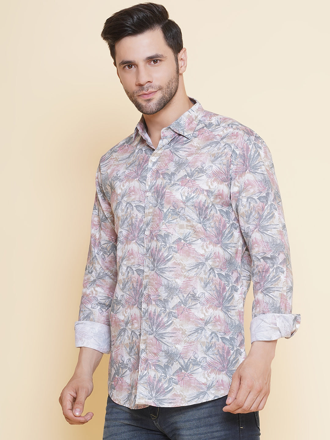 Louis Monarch Men Regular Fit Linen Printed Pink Spread Collar Casual Shirt