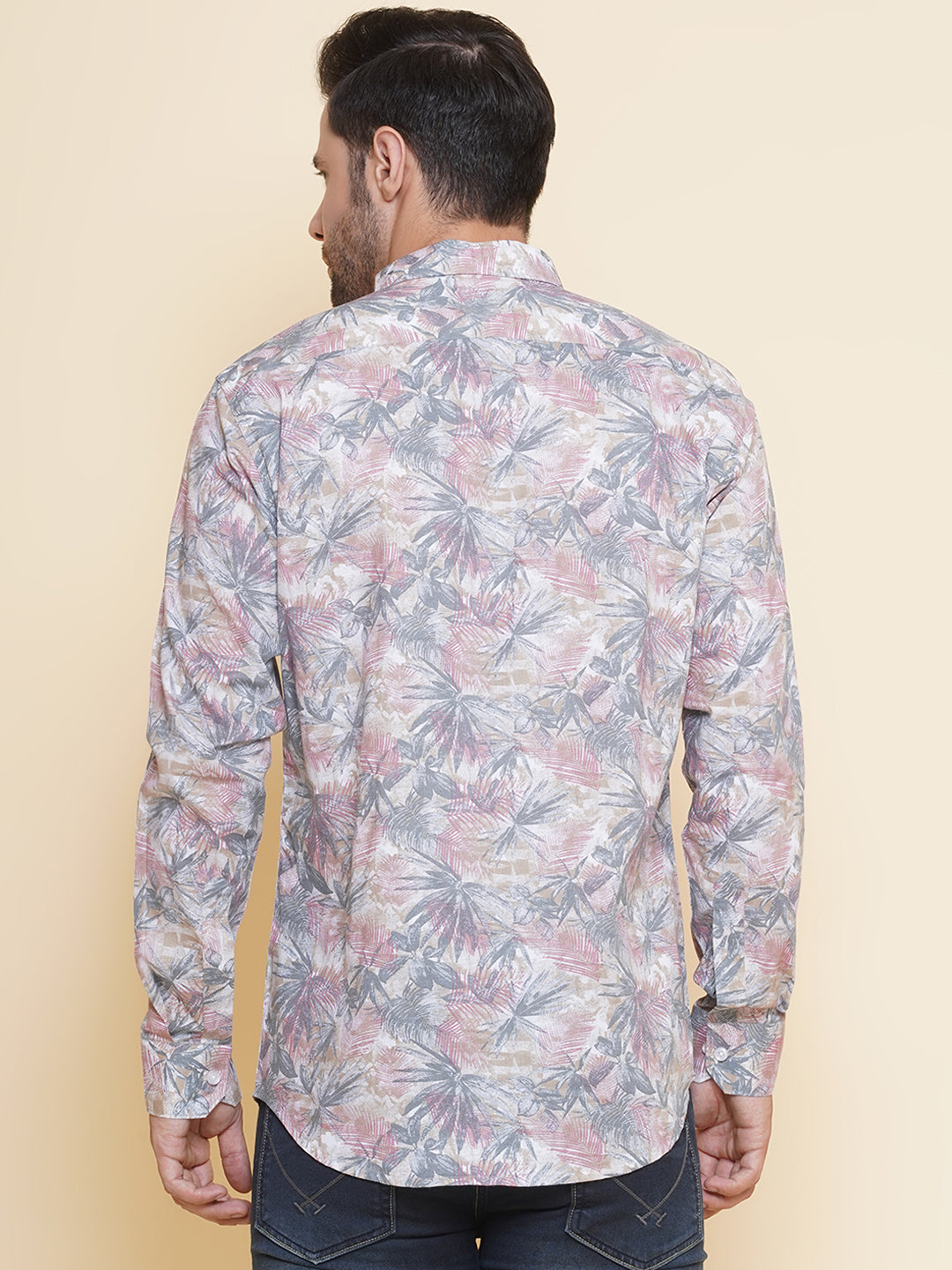 Louis Monarch Men Regular Fit Linen Printed Pink Spread Collar Casual Shirt