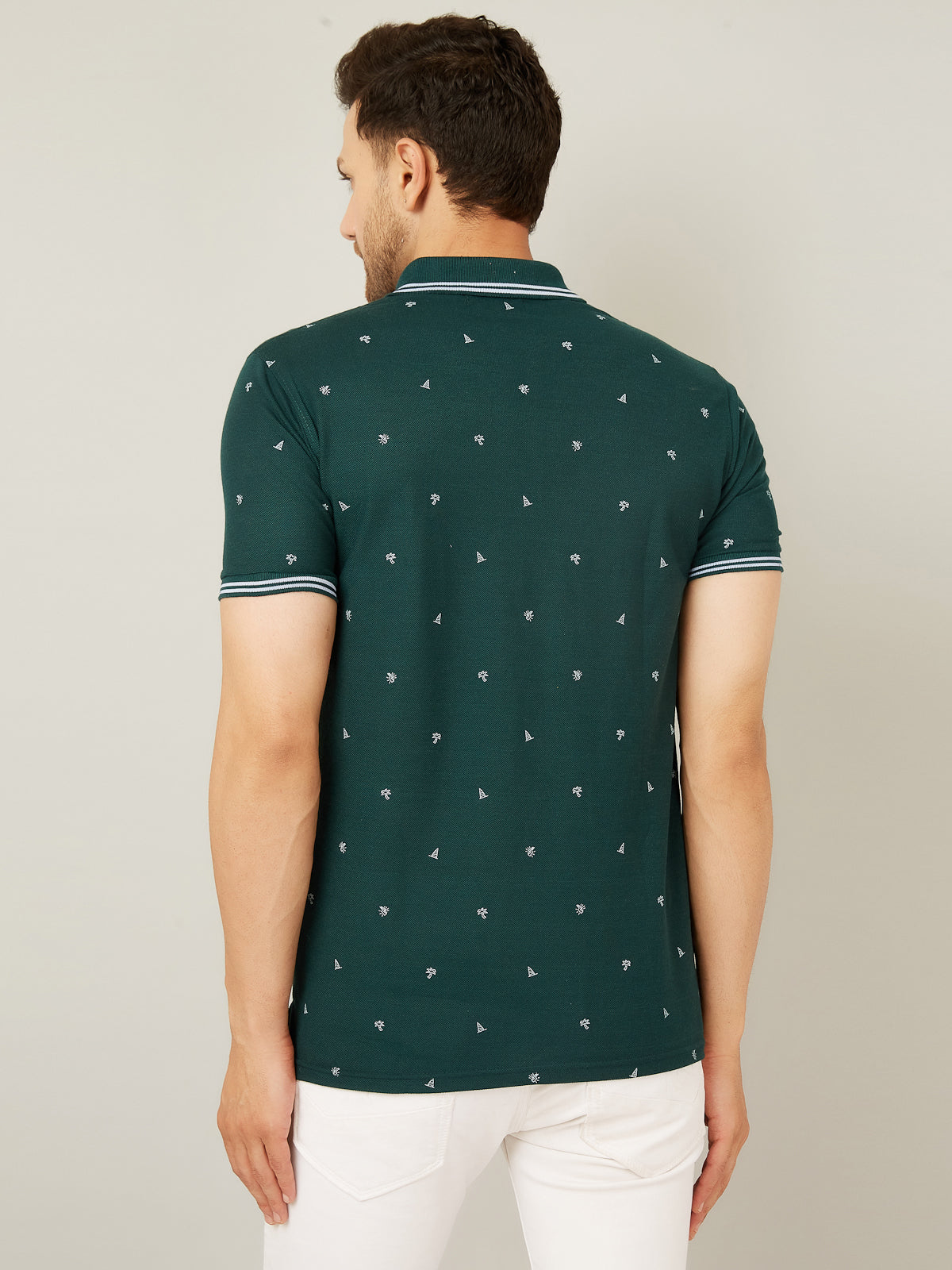 Louis Monarch Men Printed Polo Neck Dark Green Cotton Blend T-Shirt