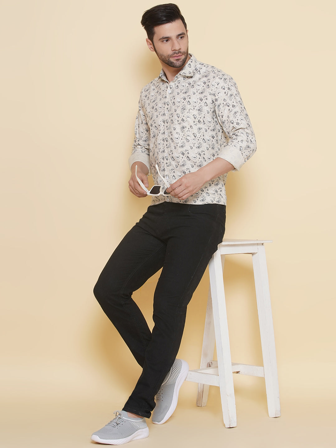 Louis Monarch Men Regular Fit Printed Cream Spread Collar Casual Shirt