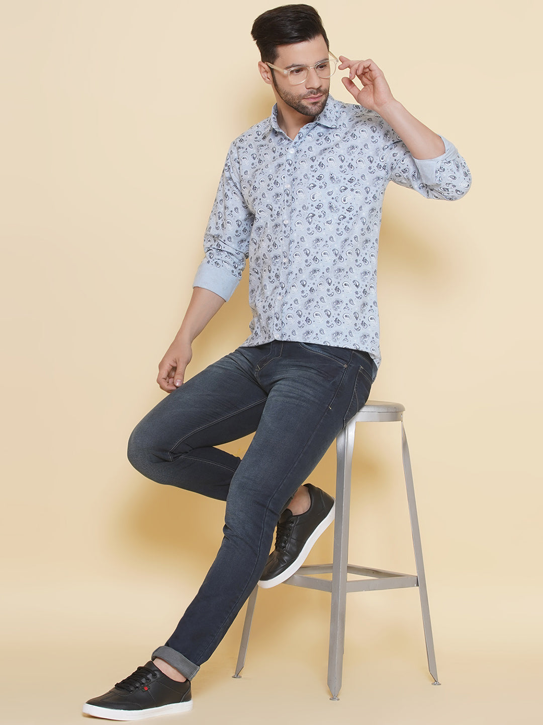 Louis Monarch Men Regular Fit Printed Sky Blue Spread Collar Casual Shirt