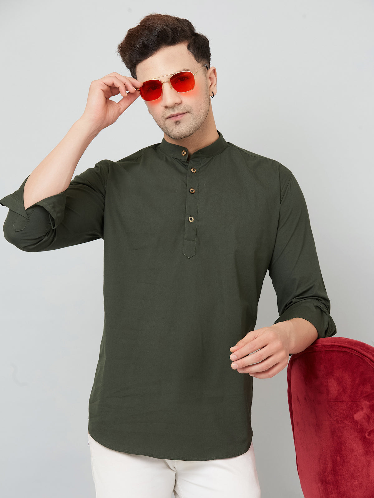 Louis Monarch Men Solid Green Pure Cotton Straight Short Kurta