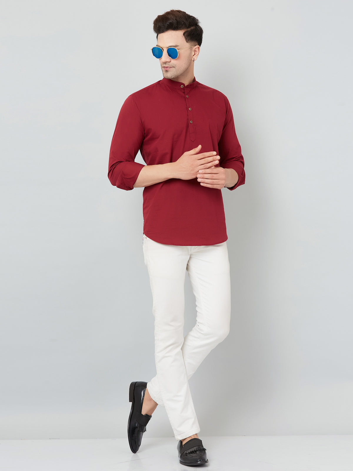 Louis Monarch Men Solid Maroon Pure Cotton Straight Short Kurta