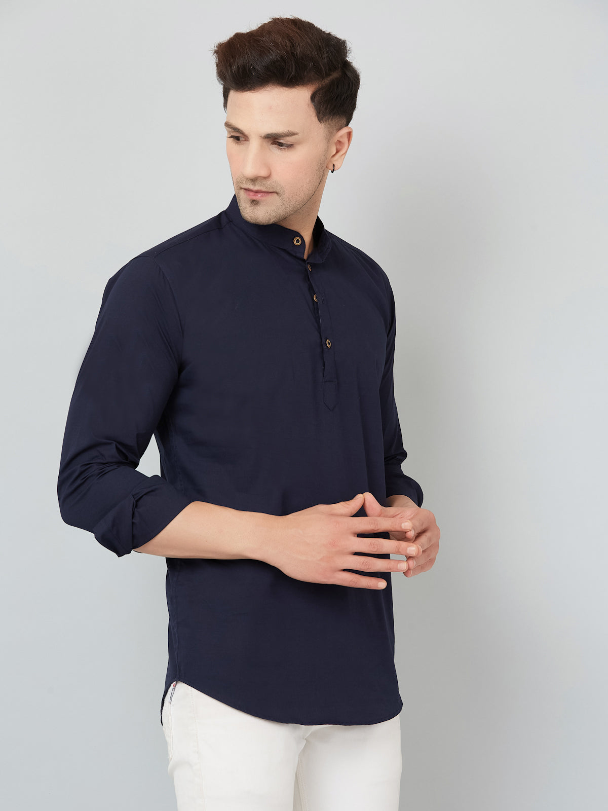Louis Monarch Men Solid Navy Blue Pure Cotton Straight Short Kurta