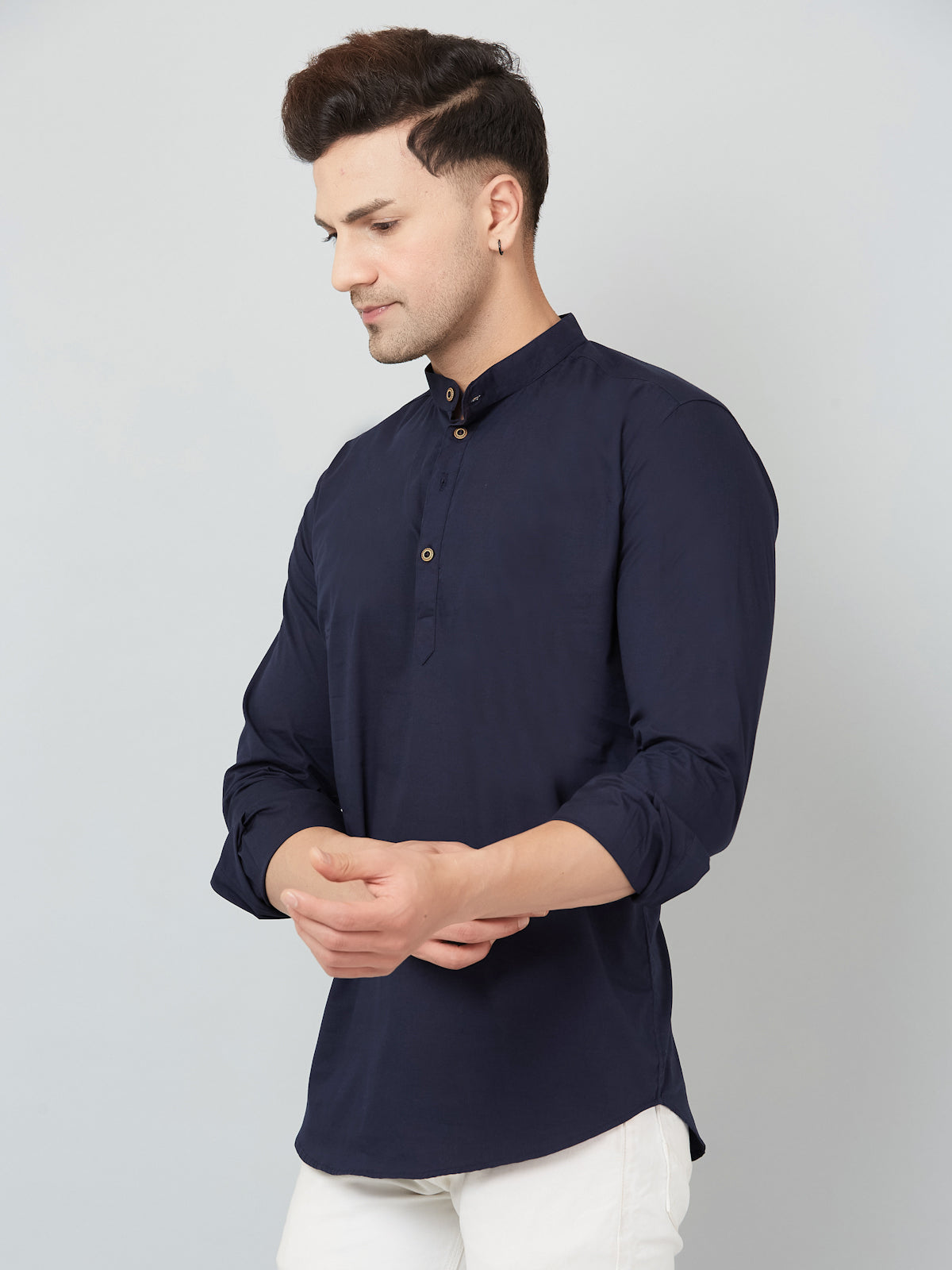 Louis Monarch Men Solid Navy Blue Pure Cotton Straight Short Kurta