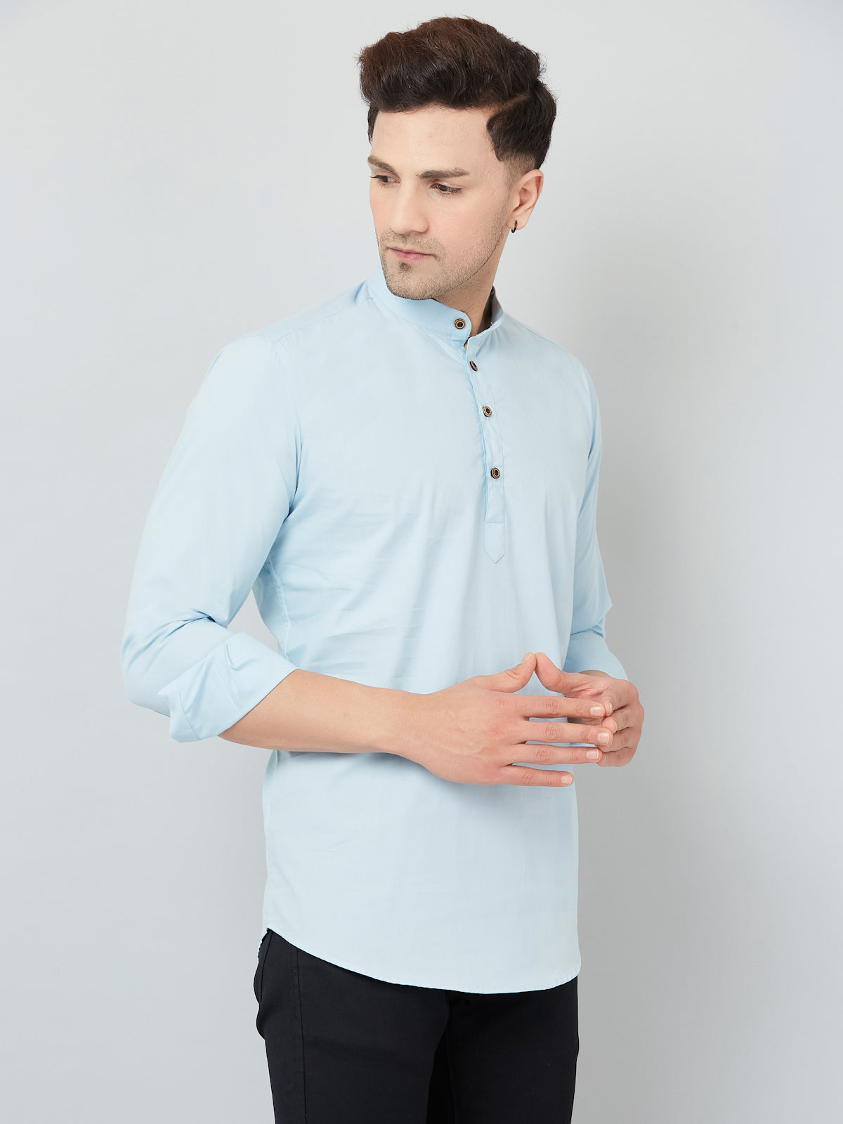 Louis Monarch Men Solid Sky Blue Pure Cotton Straight Short Kurta