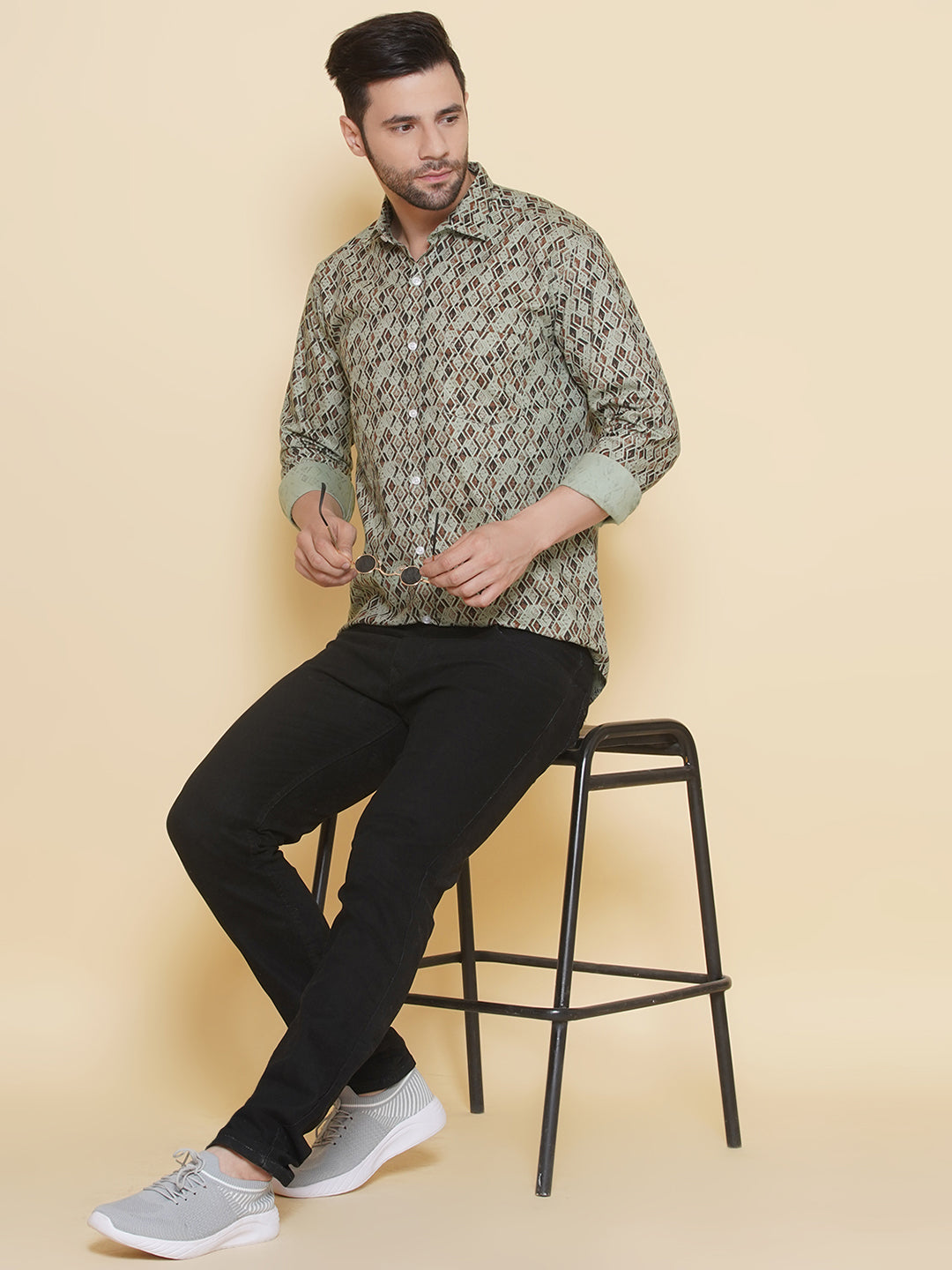 Louis Monarch Men Regular Fit Printed Green Spread Collar Casual Shirt