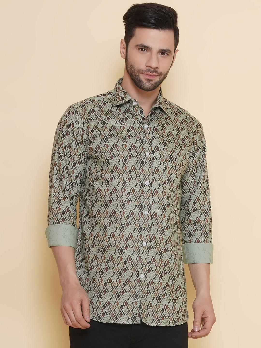 Louis Monarch Men Regular Fit Printed Green Spread Collar Casual Shirt