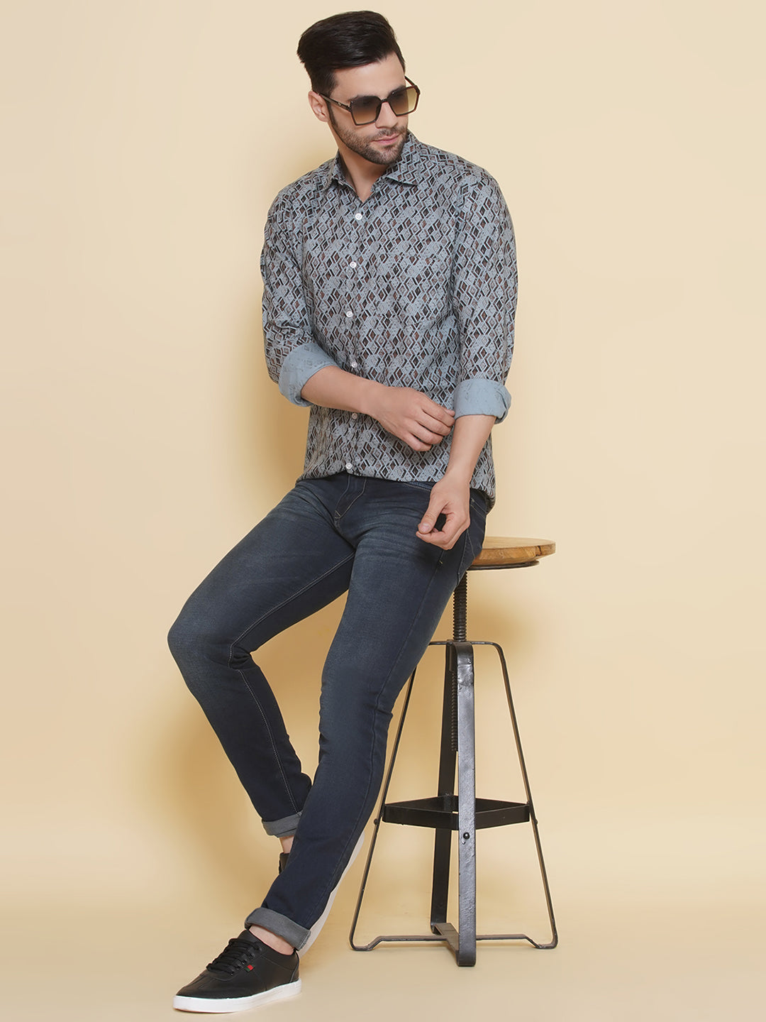 Louis Monarch Men Regular Fit Printed Sky Blue Spread Collar Casual Shirt