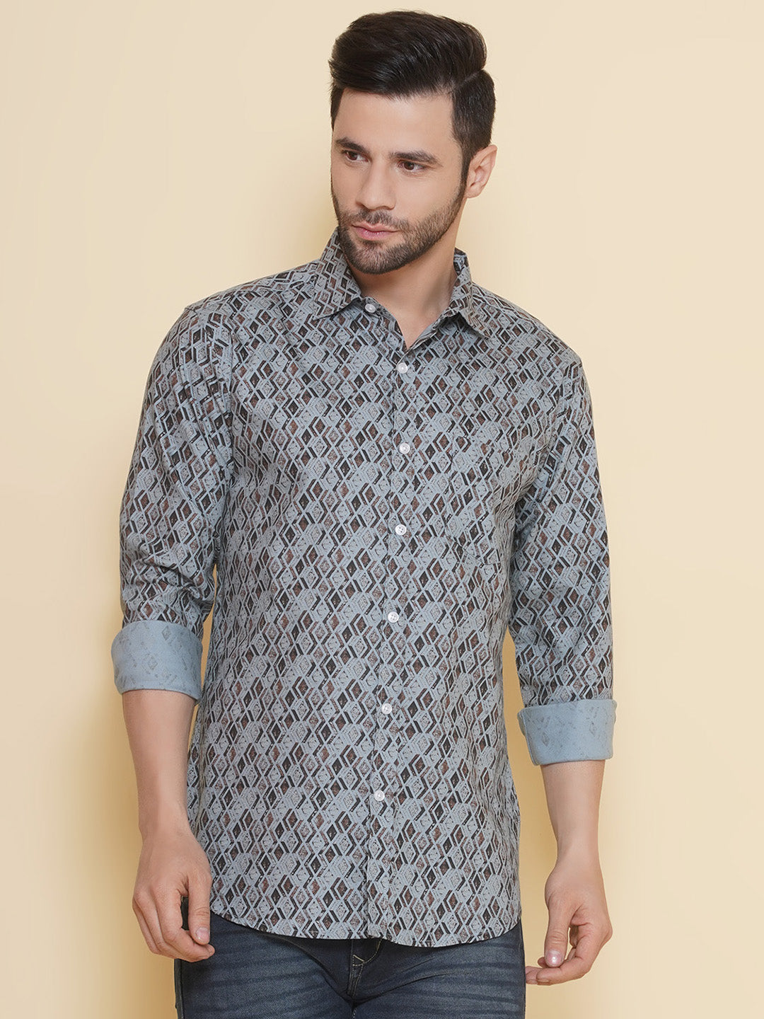 Louis Monarch Men Regular Fit Printed Sky Blue Spread Collar Casual Shirt