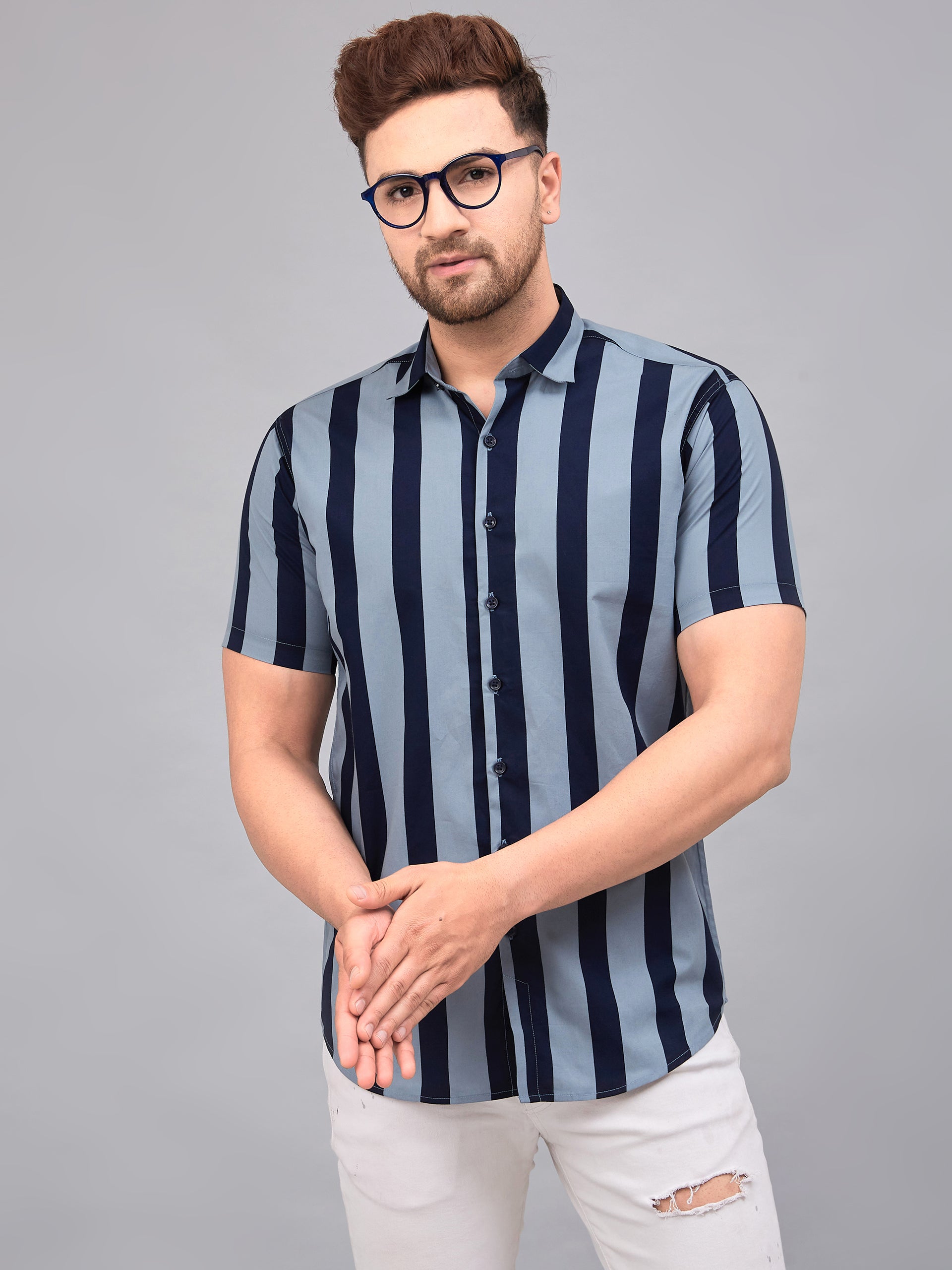 Louis Monarch Men Regular Fit Wide Lines Spread Collar Casual Half Shirt