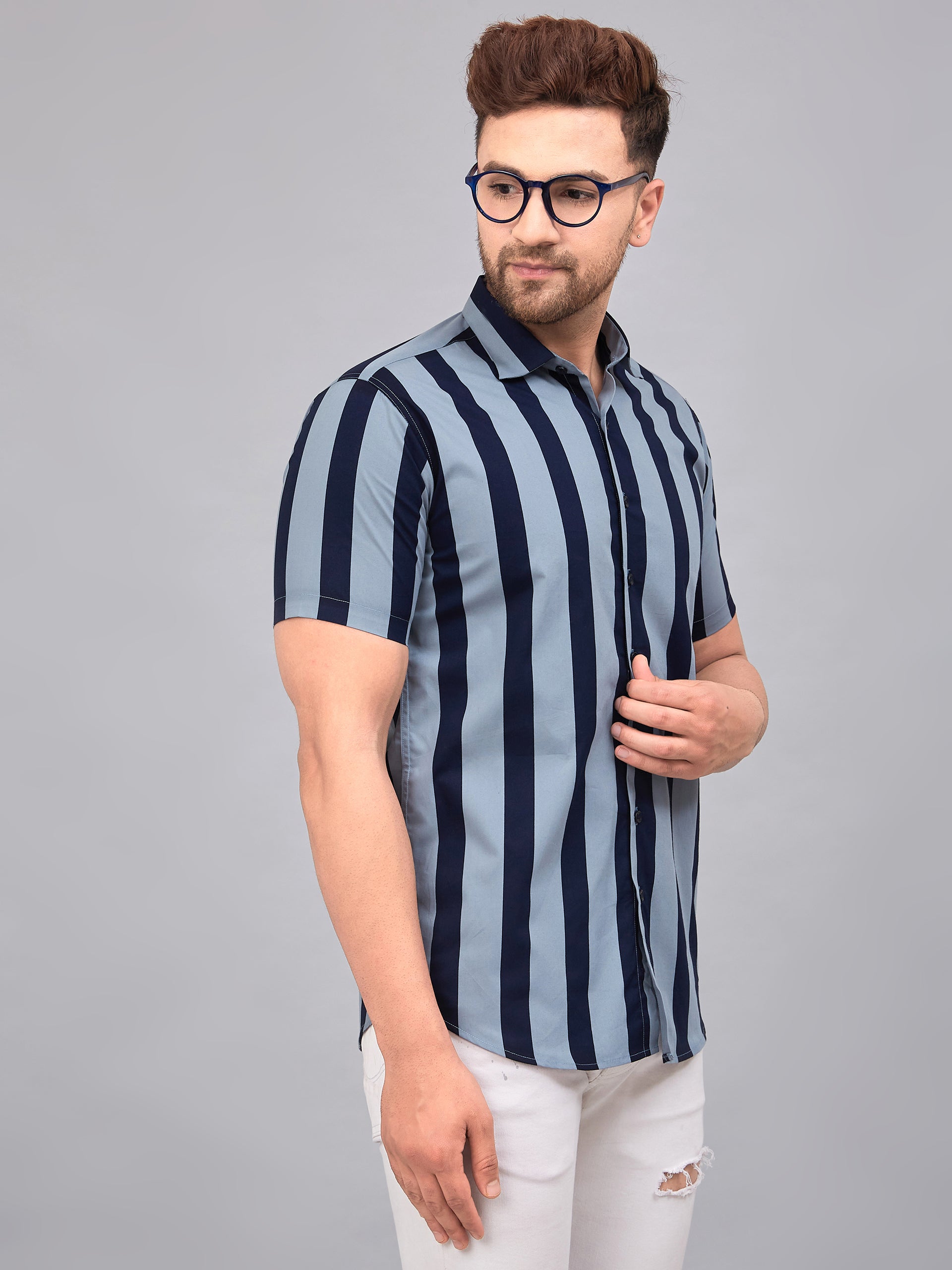 Louis Monarch Men Regular Fit Wide Lines Spread Collar Casual Half Shirt