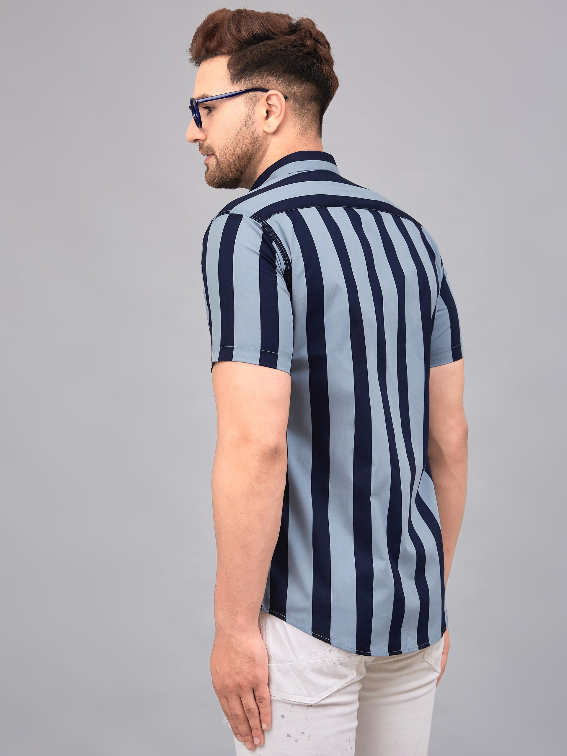 Louis Monarch Men Regular Fit Wide Lines Spread Collar Casual Half Shirt