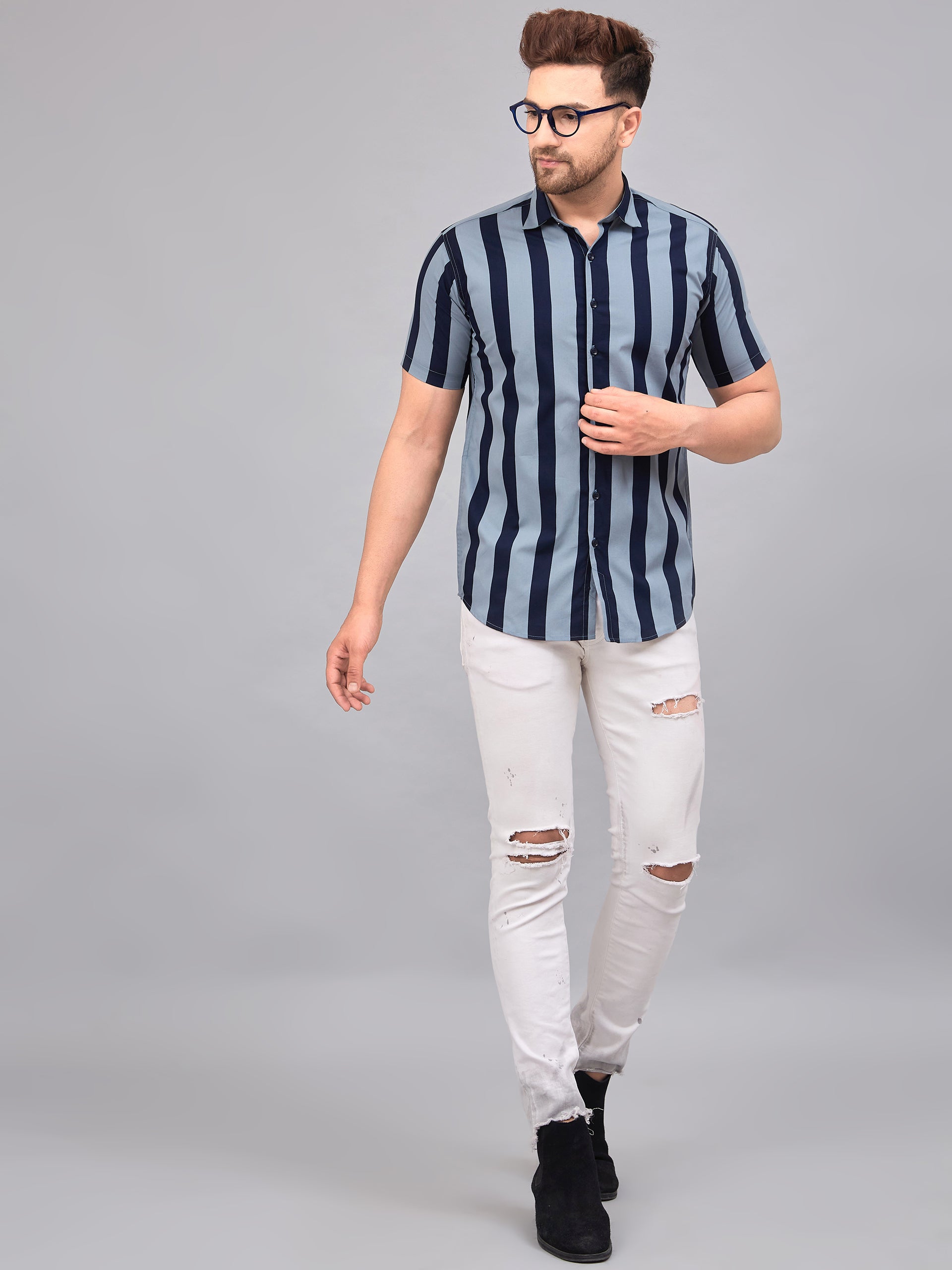 Louis Monarch Men Regular Fit Wide Lines Spread Collar Casual Half Shirt