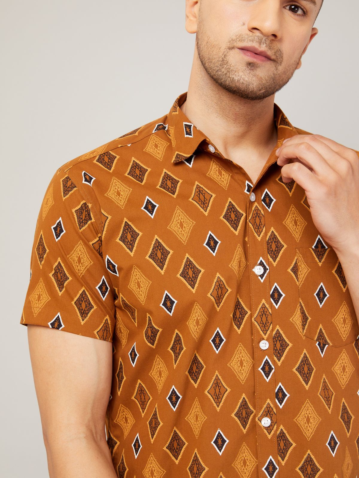 Louis Monarch Men Regular Fit Brown Printed Spread Collar Casual Half Shirt