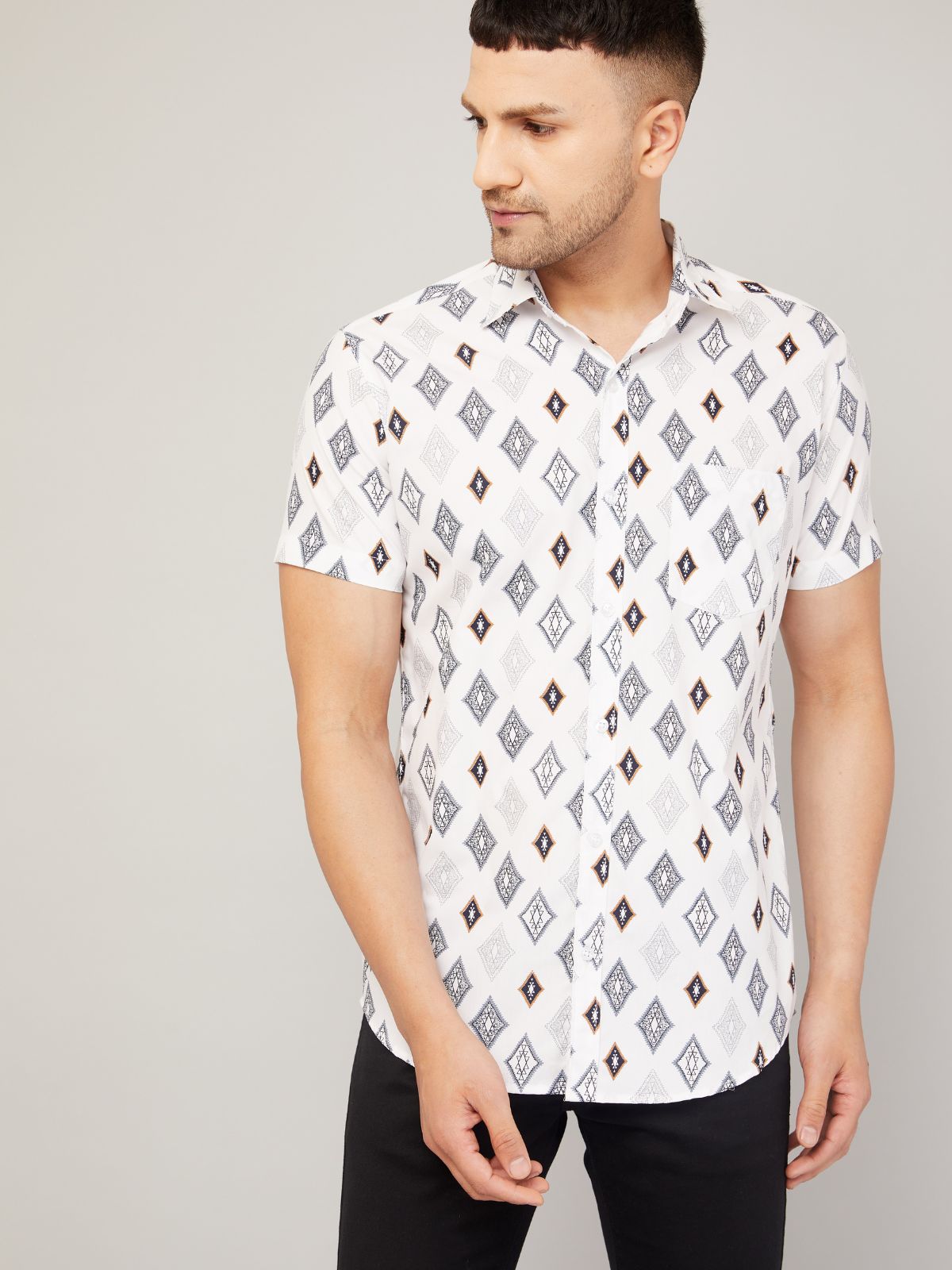 Louis Monarch Men Regular Fit White Printed Spread Collar Casual Half Shirt