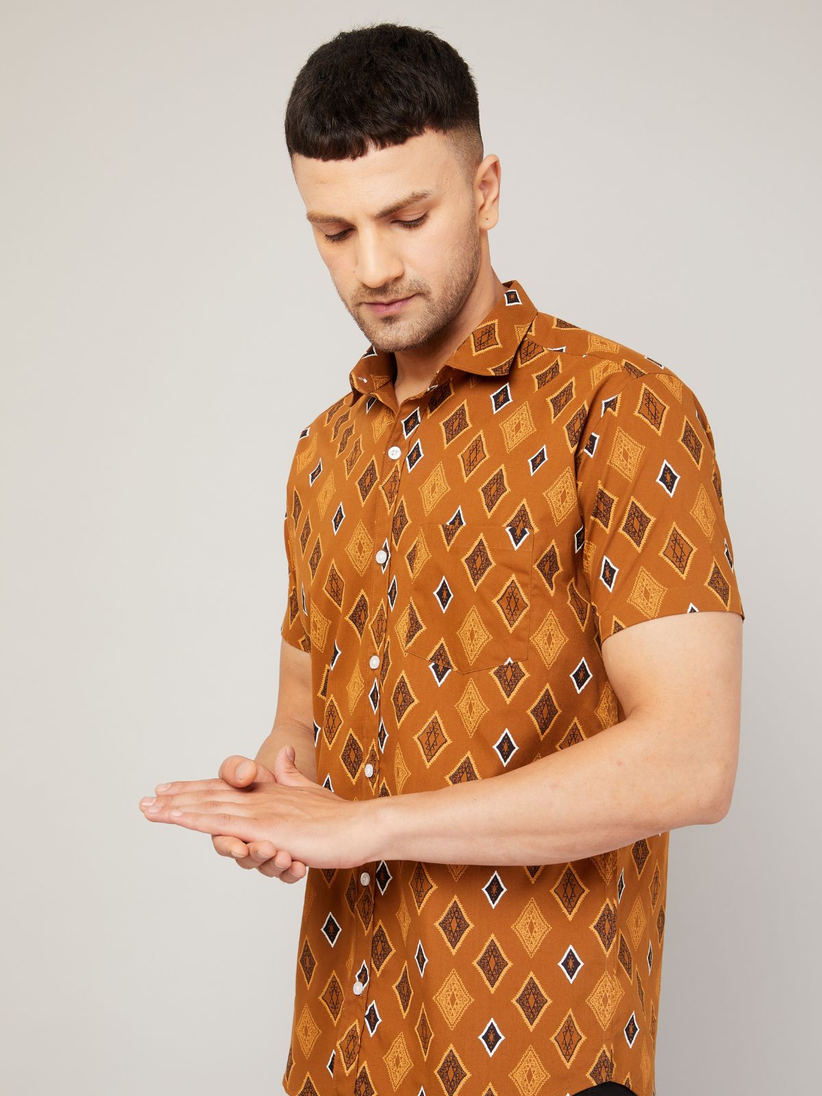Louis Monarch Men Regular Fit Brown Printed Spread Collar Casual Half Shirt