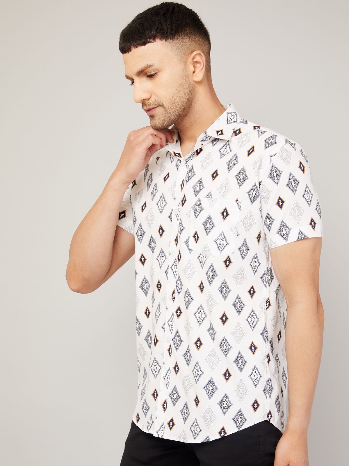 Louis Monarch Men Regular Fit White Printed Spread Collar Casual Half Shirt