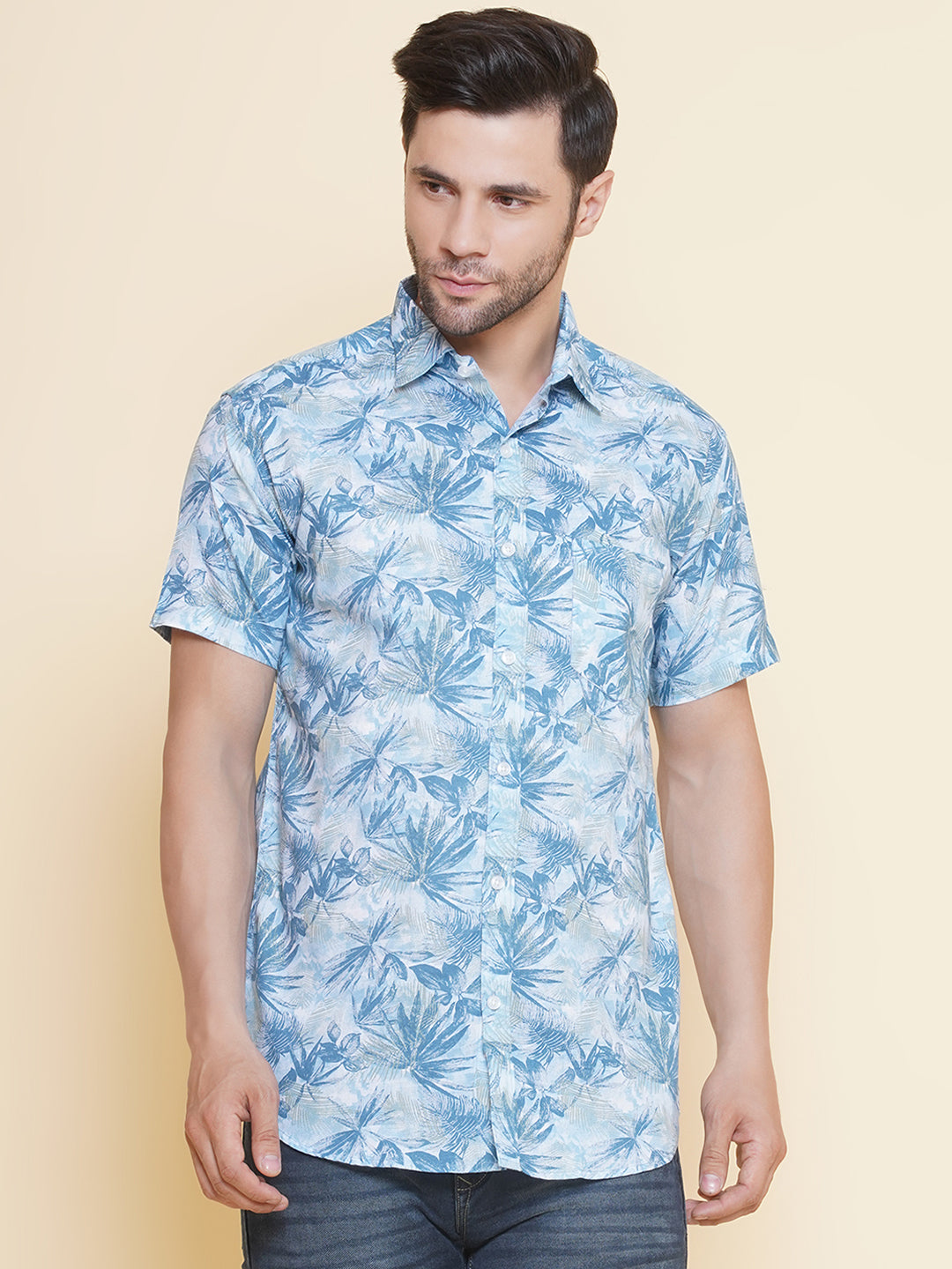 Louis Monarch Men Regular Fit Blue Printed Spread Collar Casual Half Shirt