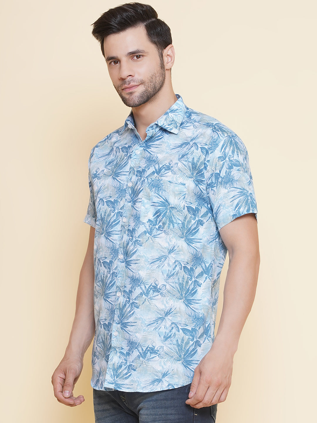 Louis Monarch Men Regular Fit Blue Printed Spread Collar Casual Half Shirt
