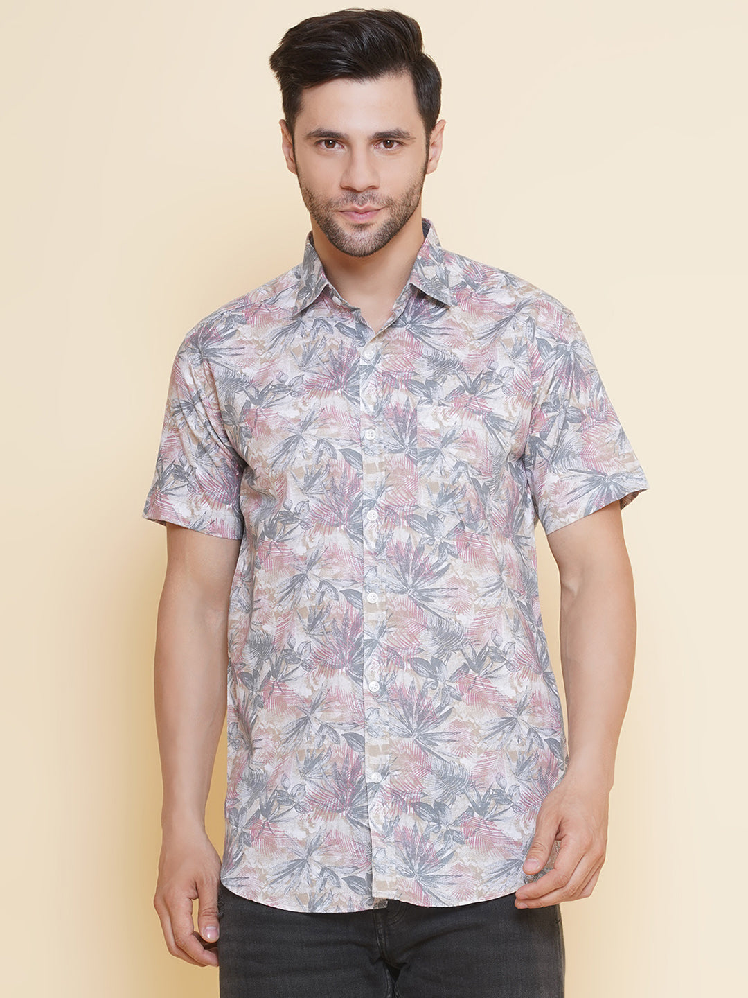 Louis Monarch Men Regular Fit Pink Printed Spread Collar Casual Half Shirt