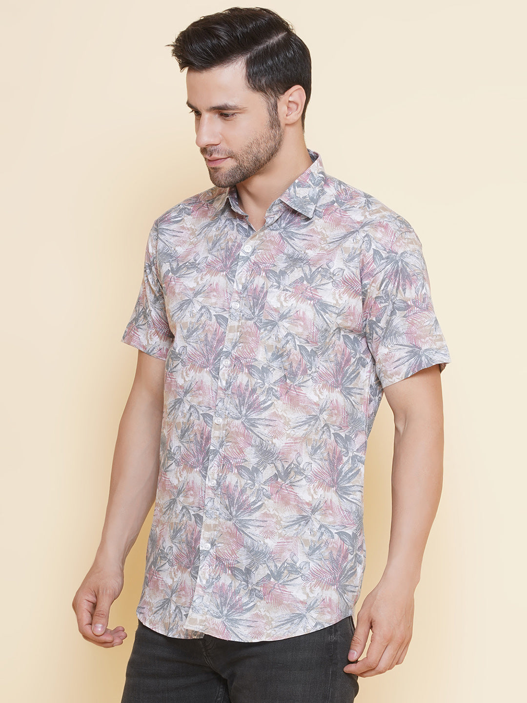 Louis Monarch Men Regular Fit Pink Printed Spread Collar Casual Half Shirt