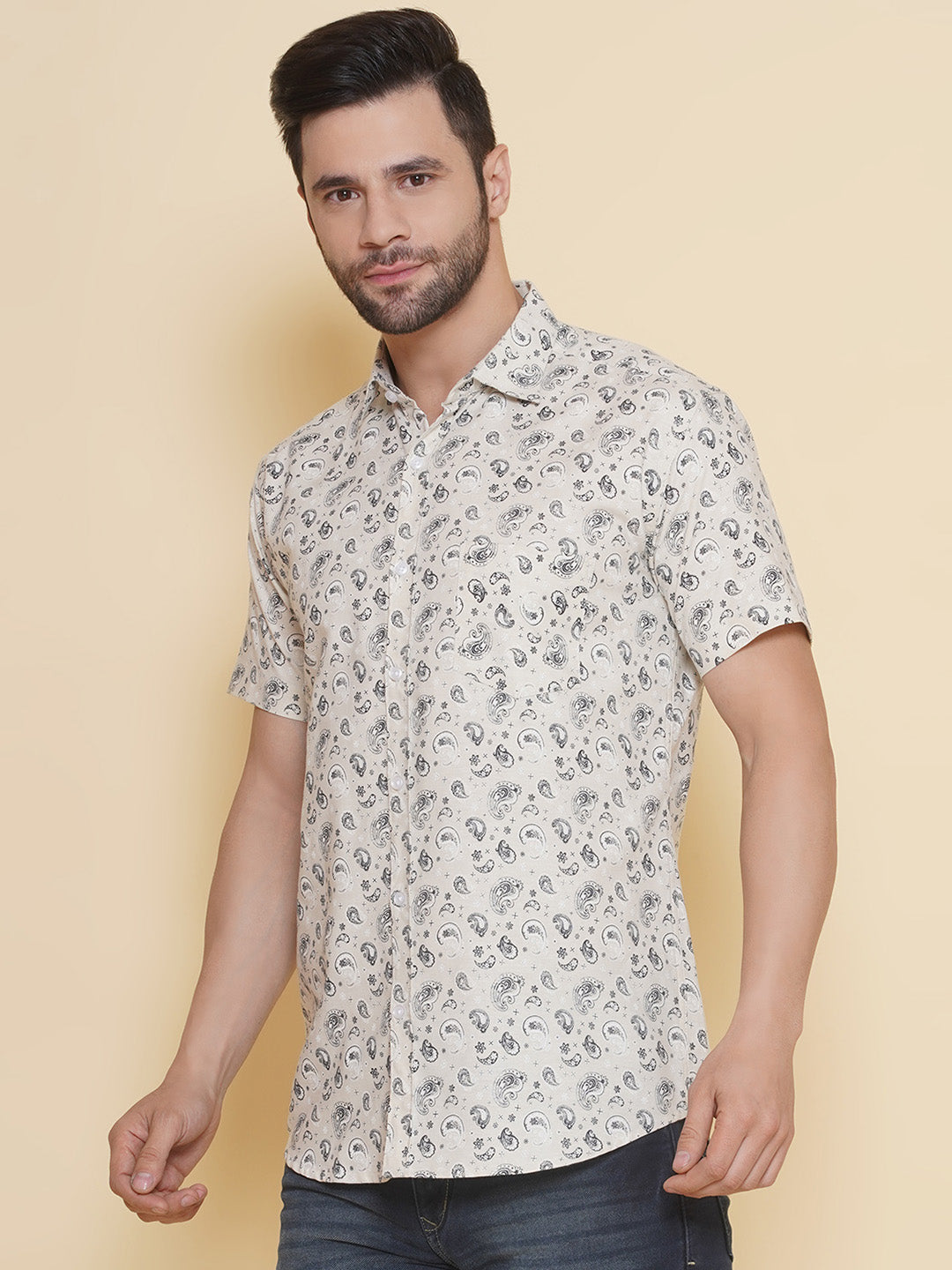 Louis Monarch Men Regular Fit Cream Printed Spread Collar Casual Half Shirt