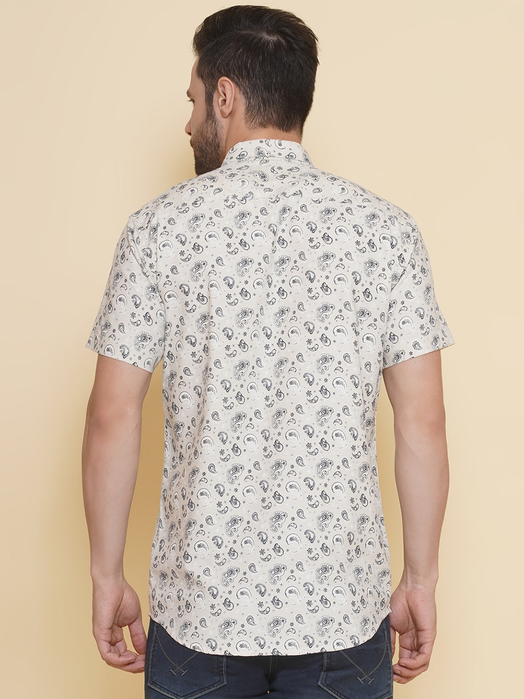 Louis Monarch Men Regular Fit Cream Printed Spread Collar Casual Half Shirt