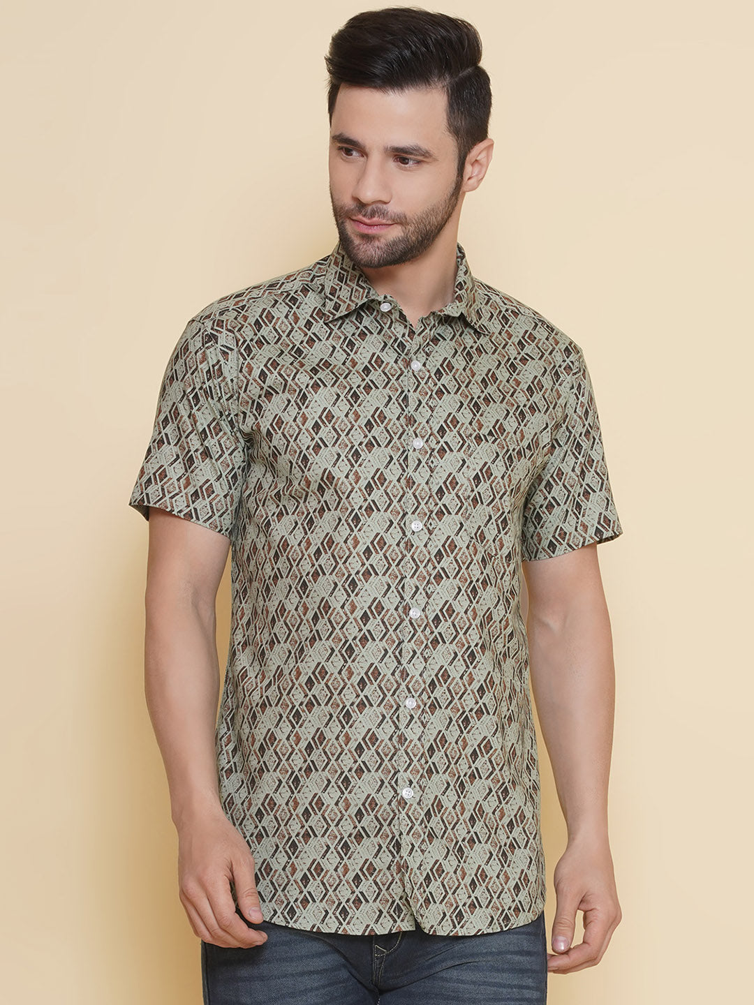 Louis Monarch Men Regular Fit Green Printed Spread Collar Casual Half Shirt