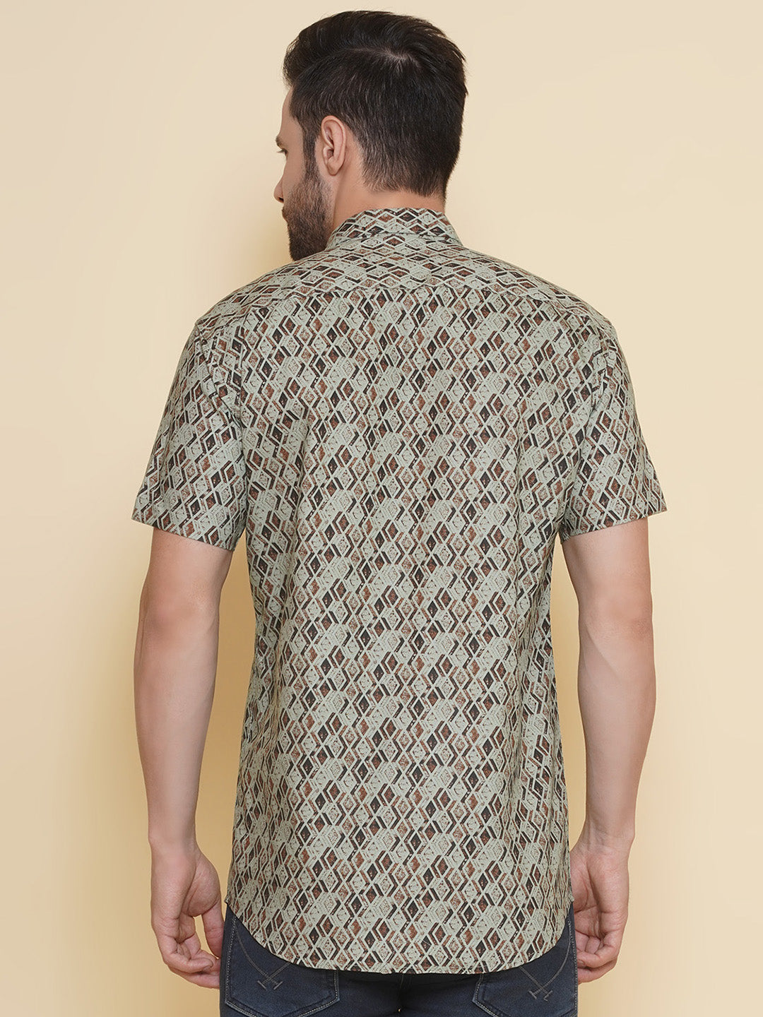 Louis Monarch Men Regular Fit Green Printed Spread Collar Casual Half Shirt