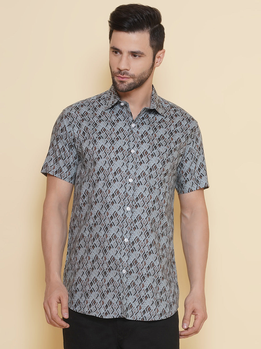 Louis Monarch Men Regular Fit Sky Blue Printed Spread Collar Casual Half Shirt